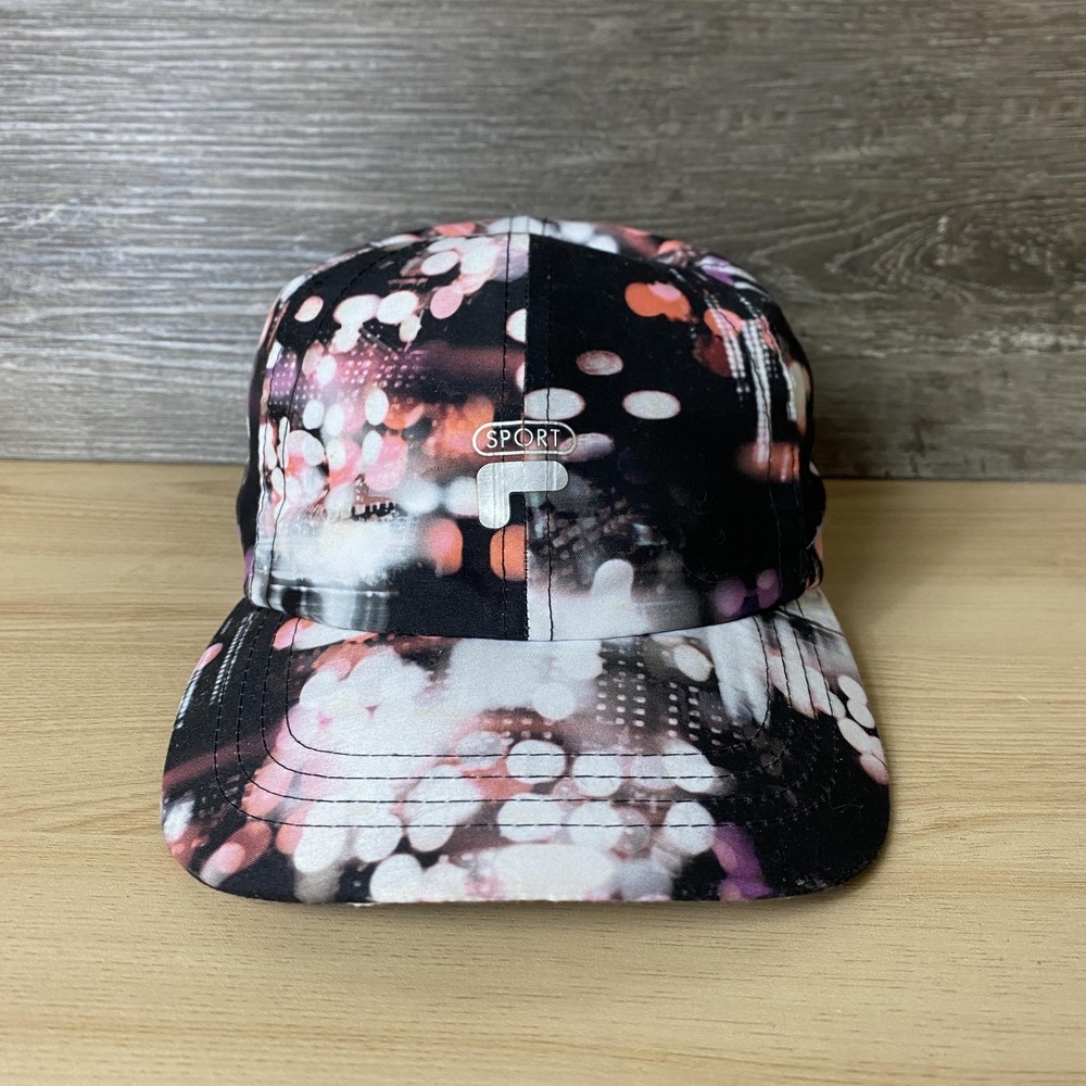 Fila Sport Hat Cap Strap Back Womens One Size Black Pink White Tennis Pattern